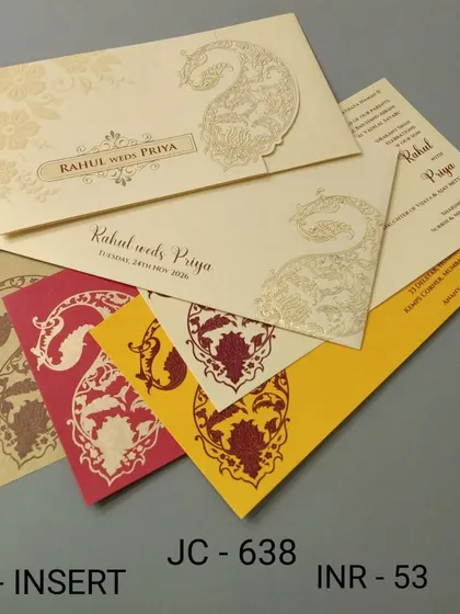 This invitation features a large paisley motif and is available with inserts in bright, bold colors. It's a classic and budget-friendly choice for a traditional Indian wedding.