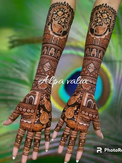 An elegant engagement design with peacocks and infinity symbols, set against a backdrop of peacock feathers.