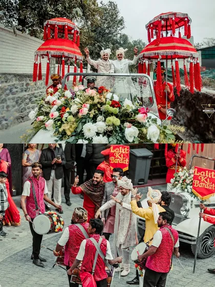 A collage of the groom's vintage car Baraat, complete with dhol players and dancing, capturing a classic and fun-filled procession.