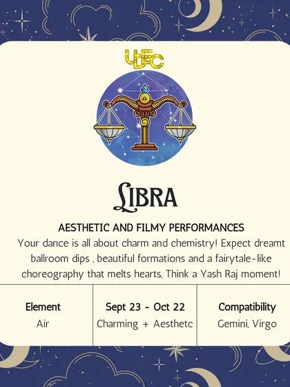 Libra, your dance is all about charm and aesthetic, filmy performances. Think of a Yash Raj moment with dreamy ballroom dips and fairytale-like choreography.