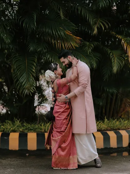 A romantic embrace, this portrait captures the couple's loving connection after their wedding ceremony.