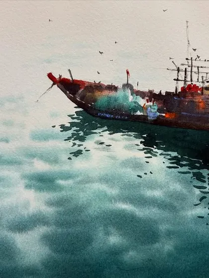 A solitary boat on the water, painted in watercolor. I used wet-on-wet techniques for the soft sky and water, with finer details on the boat to make it the focal point. This makes a beautiful custom seascape.