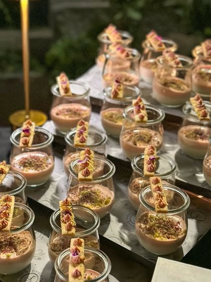A display of our winter-inspired Indian desserts. Pictured are Gajar Halwa in Choux Pastry and Kalakand & Rose Mousse, showcasing how we blend traditional flavors with modern pastry techniques.