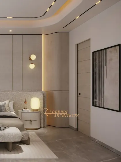 This view shows the seamless integration of the door and wall panels, creating a clean, uncluttered look that enhances the room's tranquil feel.