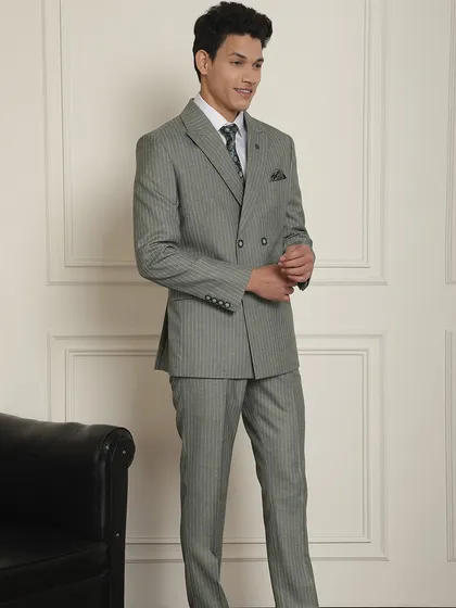 A full view of our grey pinstripe suit, a versatile option for weddings, office, or receptions.