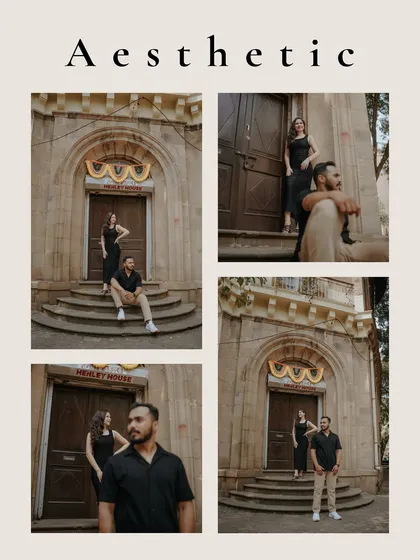 An aesthetic collage showcasing the couple's stylish portraits against the rustic charm of Henley House in Mumbai. A perfect blend of modern style and vintage vibes.