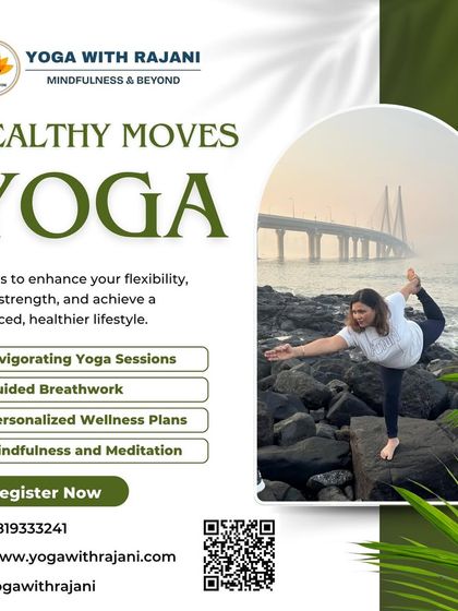 This poster for "Healthy Moves Yoga" invites you to join us to enhance flexibility, build strength, and achieve a healthier lifestyle. We offer everything from invigorating yoga sessions to personalized wellness plans.