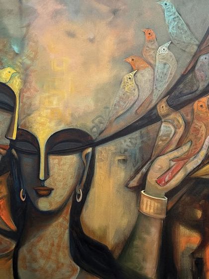 'LIBERTY - II', a 36x48 inch acrylic on canvas painting where a figure releases a flight of birds from her hands, symbolizing freedom.