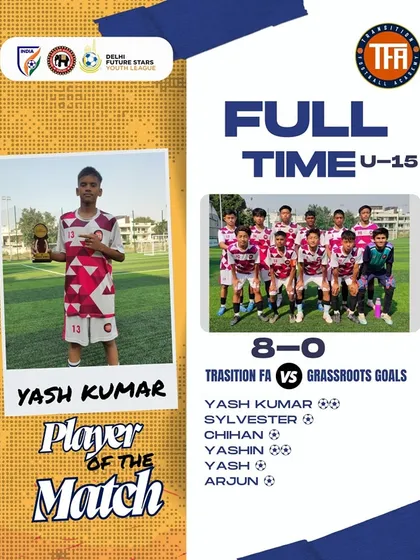 An incredible 8-0 victory for my U-15 team against Grassroots Goals, with Yash Kumar earning Player of the Match.