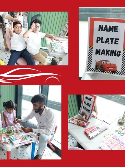 For our car-themed party, we had a "Name Plate Making" station, another creative and fun party favor.