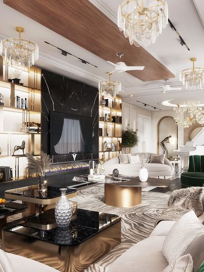 An opulent living room filled with luxurious details. Our render brings together multiple chandeliers, a marble-clad fireplace, and extensive built-in shelving to create a scene of maximalist elegance.