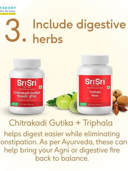 Including digestive herbs is a great way to support your gut. This image shows how Chitrakadi Gutika and Triphala can help you digest easier and bring your Agni (digestive fire) back to balance.