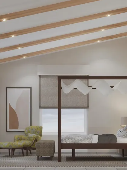 For our Villa Shai project in Goa, we envisioned a bedroom that radiates calm and luxury. The design features a stunning sloping roof and a neutral palette, while the elegant four-poster bed with its canopy pays homage to Goa's rich heritage.