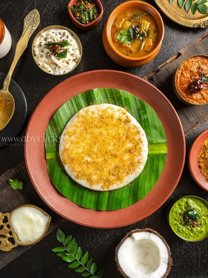 Podi Idli, tossed in a flavorful spice mix and served on a banana leaf. The top-down angle makes for a great menu shot.