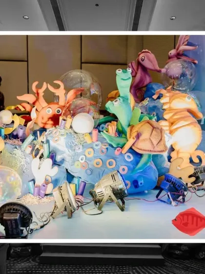 A collection of our custom-made sea creature props, including crabs, turtles, and seahorses, all ready for an under-the-sea party.