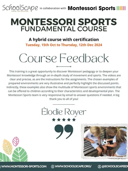 This testimonial praises the clear and precise videos and instructions, which show the multitude of Montessori sports environments that can be offered to children.