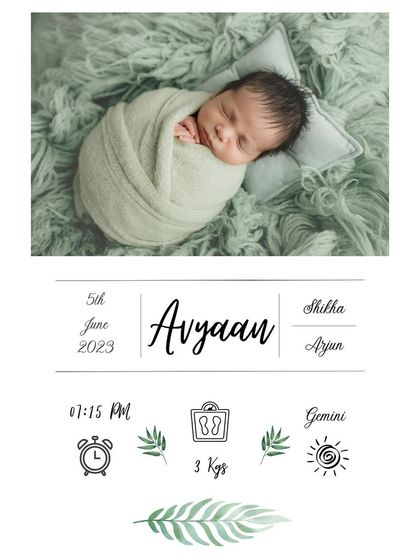 Here is the clean, digital version of the "Avyaan" birth announcement design. You can see the delicate details and layout clearly, from the leafy illustrations to the cute icons for time and weight.