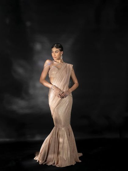 A full-length shot of a shimmering gown from the Nikhil Thampi lookbook, captured against a smoky, atmospheric background.