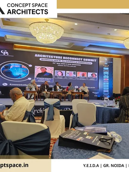 A view of the panel discussion at the Architecture Reconnect Summit, where industry leaders, including our principal architect, gathered to discuss the future of design and construction.