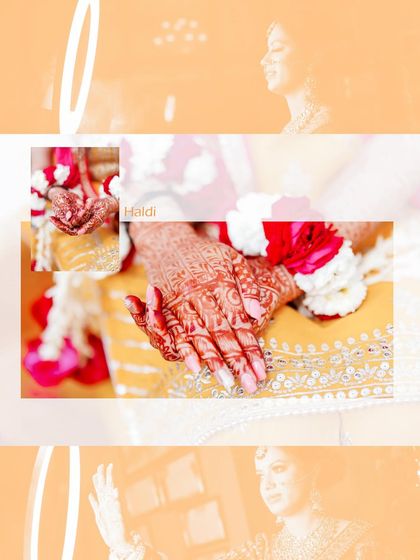 A detail-oriented album layout focusing on the bride's hands during the Haldi and Mehndi ceremonies. The intricate henna design is beautifully highlighted in this close-up shot.
