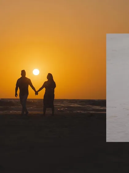A classic sunset silhouette on the beach. This timeless shot is all about romance, capturing the shape of their connection against a fiery sky.