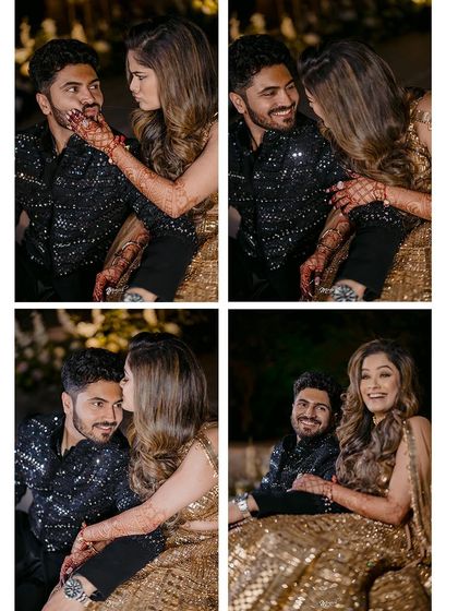A collage of playful and romantic moments, capturing the fun and affectionate side of the newly engaged couple.
