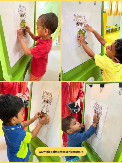 A collage showing several boys participating in the 'Dress Up' activity, each focused on completing their character with colorful paper clothes.