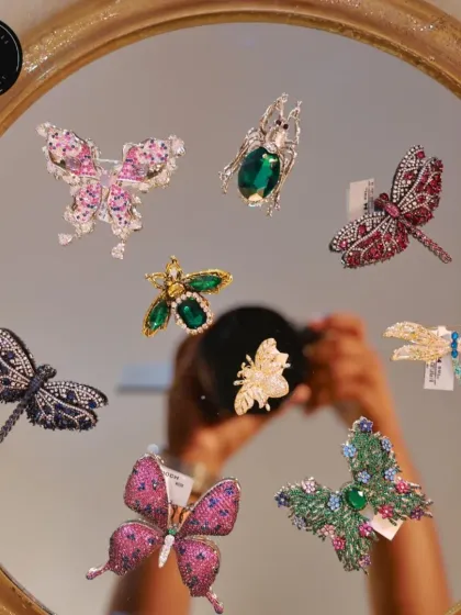 Meet the boldest brooch gang in town. This nature-inspired collection features sparkling butterflies, dragonflies, and beetles in a variety of colors and sizes. Each one is a small piece of art.