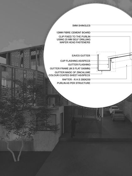 A detailed drawing of the roof gutter system for the Sitarganj Residence. Careful attention to such technical details is crucial for ensuring the building's longevity and performance, especially in regions with heavy rainfall.