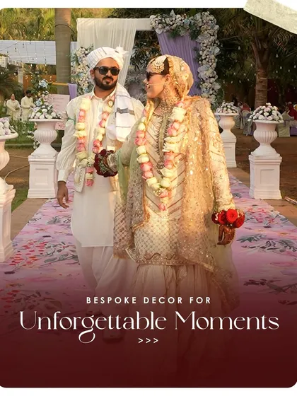 Bespoke decor for unforgettable moments. The couple walks down the aisle, perfectly complementing the pastel floral theme of their beautiful outdoor Nikah ceremony.