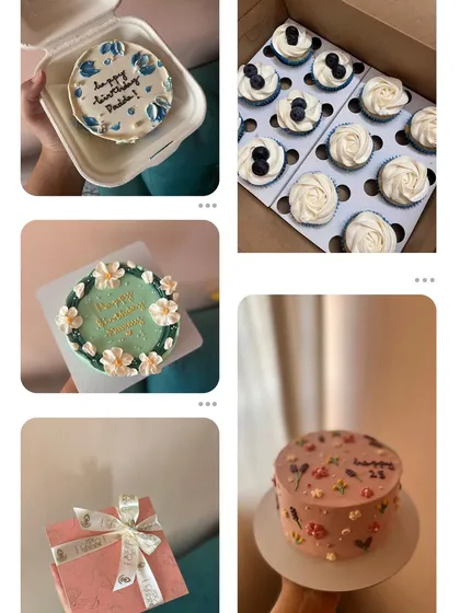 More examples of my work, featuring a bento cake, a box of blueberry cupcakes, a floral cake, and a cake with a whimsical mushroom design.