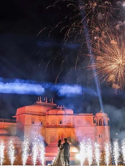 A grand fireworks display creates a spectacular backdrop for the couple at their reception. I use pyrotechnics to punctuate the end of the night with unforgettable drama and romance.