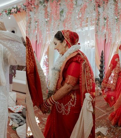 A moment from a traditional Hindu wedding ceremony where the bride and groom are joined by a sacred cloth. This shot captures the solemnity and significance of the ritual.