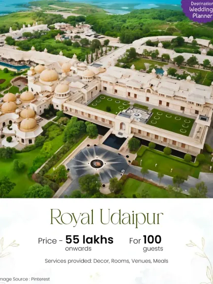 If a royal palace wedding is your dream, I make it happen. This is an aerial view of a majestic Udaipur property where we can host a regal celebration for 100 guests, with packages starting from 55 lakhs, including decor, rooms, and meals.