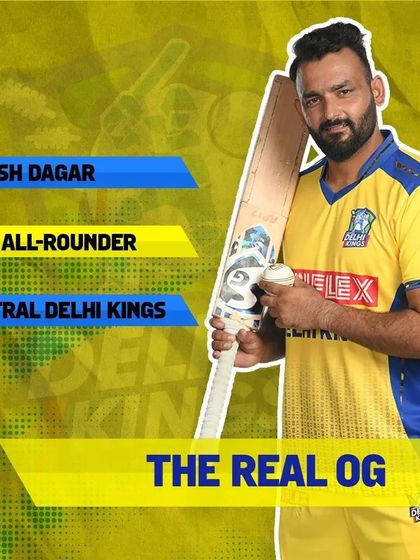 A promotional graphic identifying me as a spin all-rounder for the Central Delhi Kings. The Real OG.