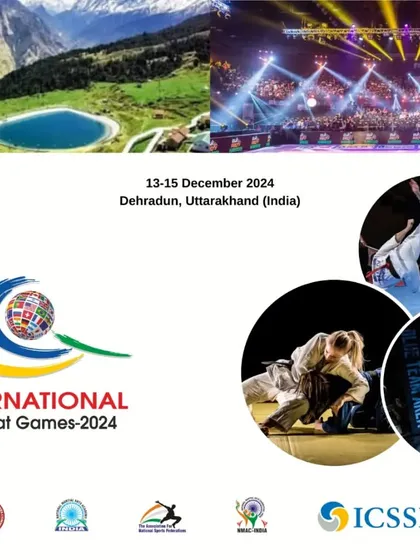A promotional graphic for the 4th International Combat Games, highlighting the scenic location of Dehradun and the high-level competition in Karate, Judo, and MMA. Our events blend top-tier sports with incredible destinations.