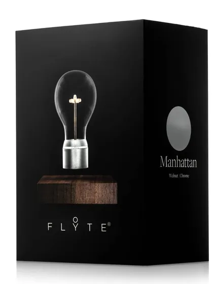 This is the elegant packaging for the FLYTE Manhattan model. The design highlights the product's key features, showing the bulb levitating over its base, promising a unique unboxing experience.