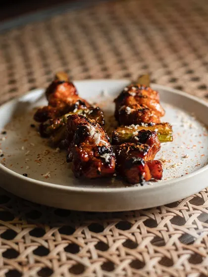 Tandoori chicken skewers plated with a modern twist. The image highlights the fusion concept of the dish.