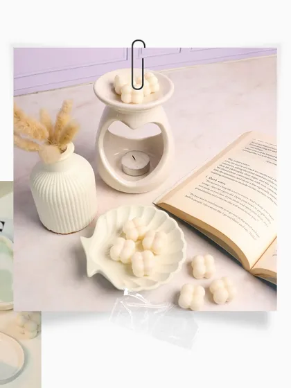 A collage showing our heart diffuser and mini bubble wax melts. The perfect gift for Rakhi or any occasion.