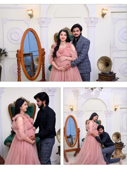 This collage shows a variety of poses from a single royal-themed shoot. It includes a beautiful solo portrait, a classic couple's pose, and the sweet moment of the partner listening to the baby bump.