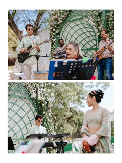 Music filled the air at Amala and Aditya's welcome lunch. This collage captures the live band performance, with the groom even joining in on the keyboard.