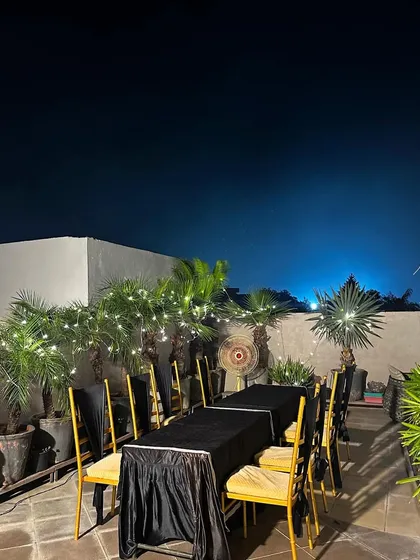 A simple and elegant rooftop dining setup for an intimate farewell party. The long table is surrounded by potted palms wrapped in fairy lights.