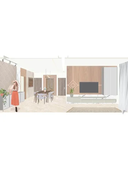 A design illustration for an apartment's living and dining area. This visual tool allows us to experiment with materials, furniture placement, and lighting before execution.