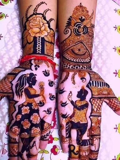 A modern take on portrait mehndi, with the couple's figures as the centerpiece of the design. I can adapt the style to match your personality.