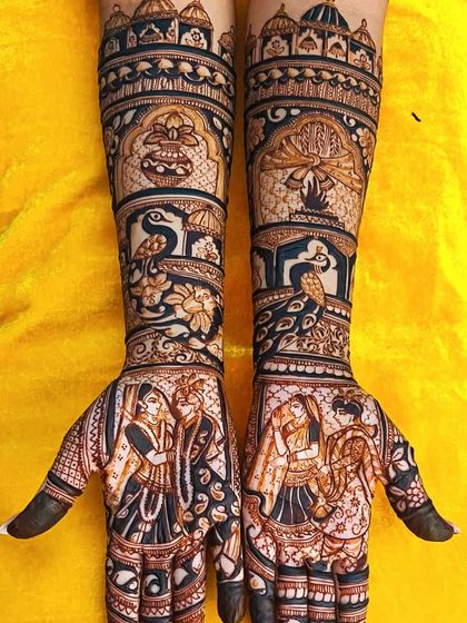 A stunning bridal design featuring varmala and pheras scenes, surrounded by peacocks and lotus motifs. A complete wedding story on your hands.