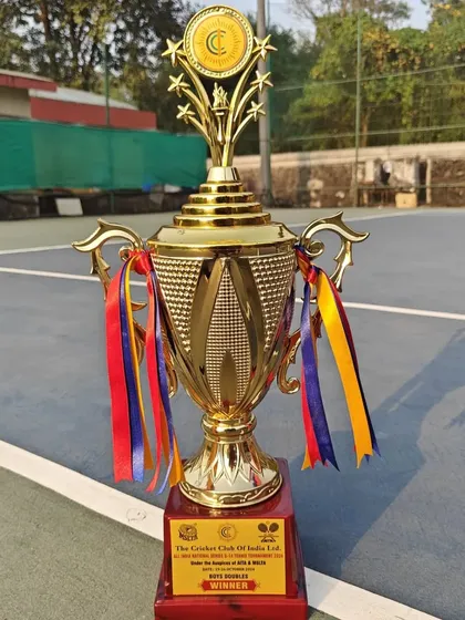 A close-up of the impressive winner's trophy from the Cricket Club of India National Series, won by our trainee Aarav Chhallani.
