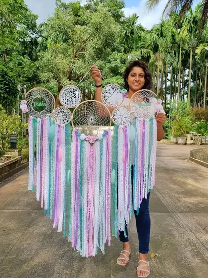 This large, custom pastel dreamcatcher shows the scale and beauty of our statement wall art. We love working with clients to create pieces like this that bring serenity and personal style to a space.
