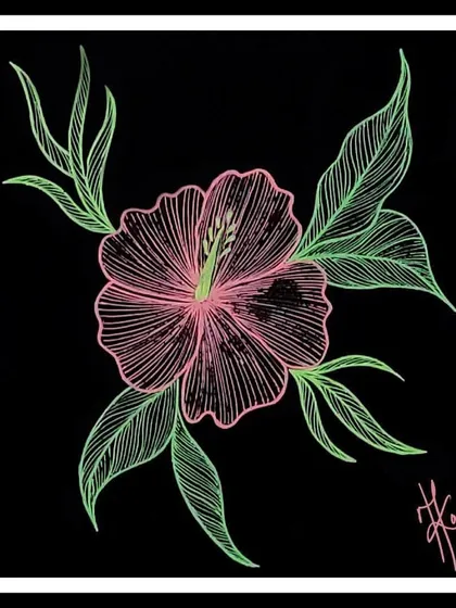 A glowing hibiscus flower drawn with neon pens on a black background. The fine lines and bright colors create a striking contrast, making the flower appear as if it's blooming in the dark.