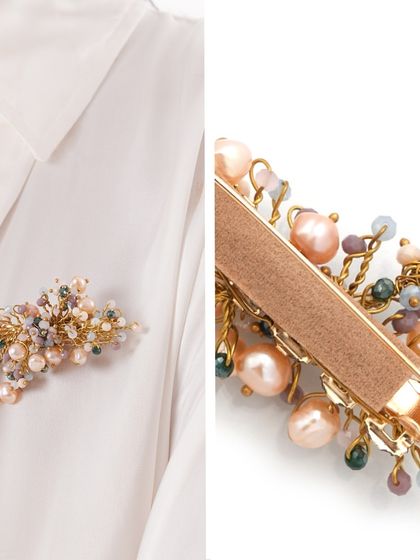 See how our Urbania brooch can be styled on a simple white shirt, and a close-up of its secure pin back.