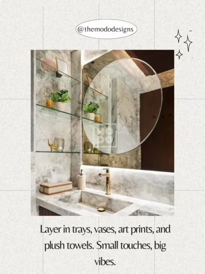 Layer in trays, vases, art prints, and plush towels. These small touches are what elevate a bathroom from purely functional to a big-vibe, personalized space.